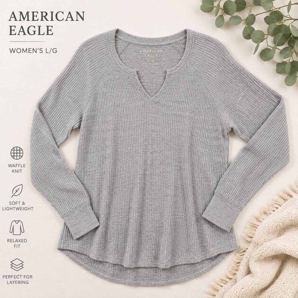 American Eagle Waffle Knit Thermal Top Gray L/G Relaxed Long Sleeve Soft